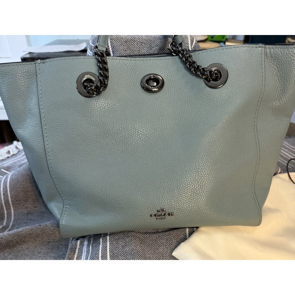 Coach Light Blue Pebbled Shoulder Bag with Chain, Logo, Turn Lock & Tag Accent - Picture 3 of 13